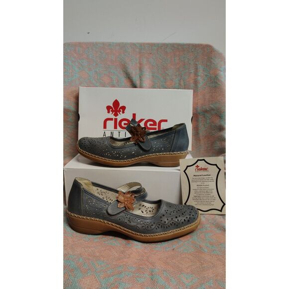Rieker Women's Size 40 EU 9 US Blue Leather Floral Hook & Loop Ankle Strap - Picture 1 of 9